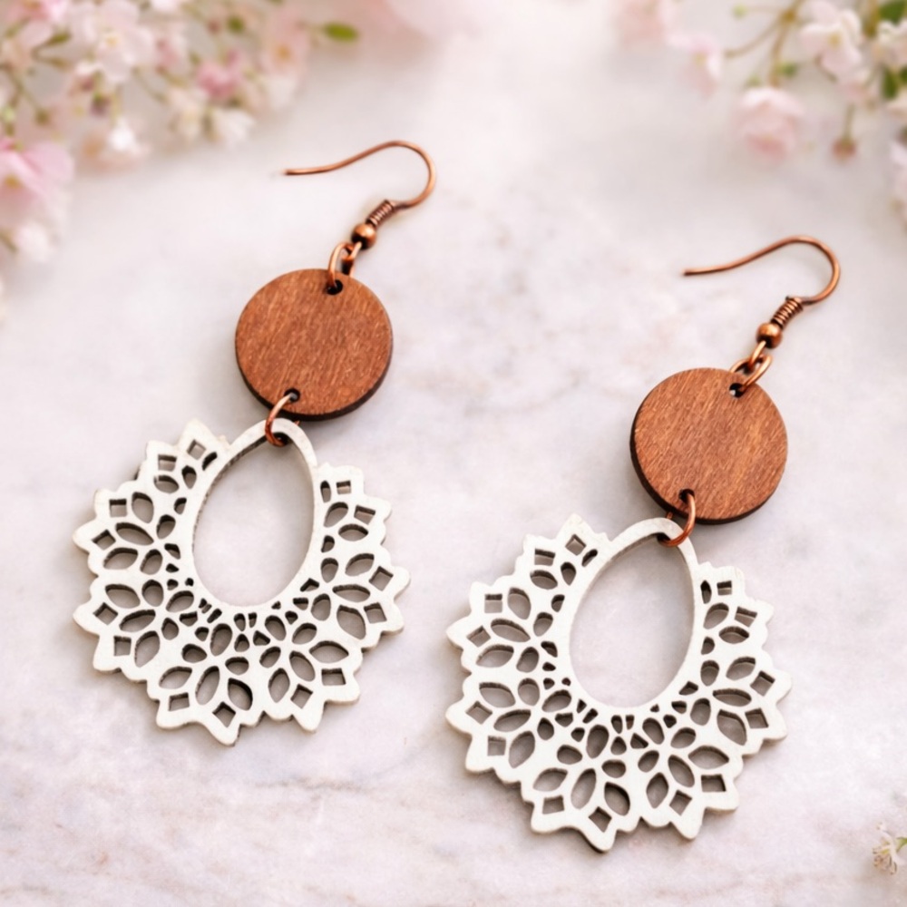 White Filigree Wood Dangle Earrings